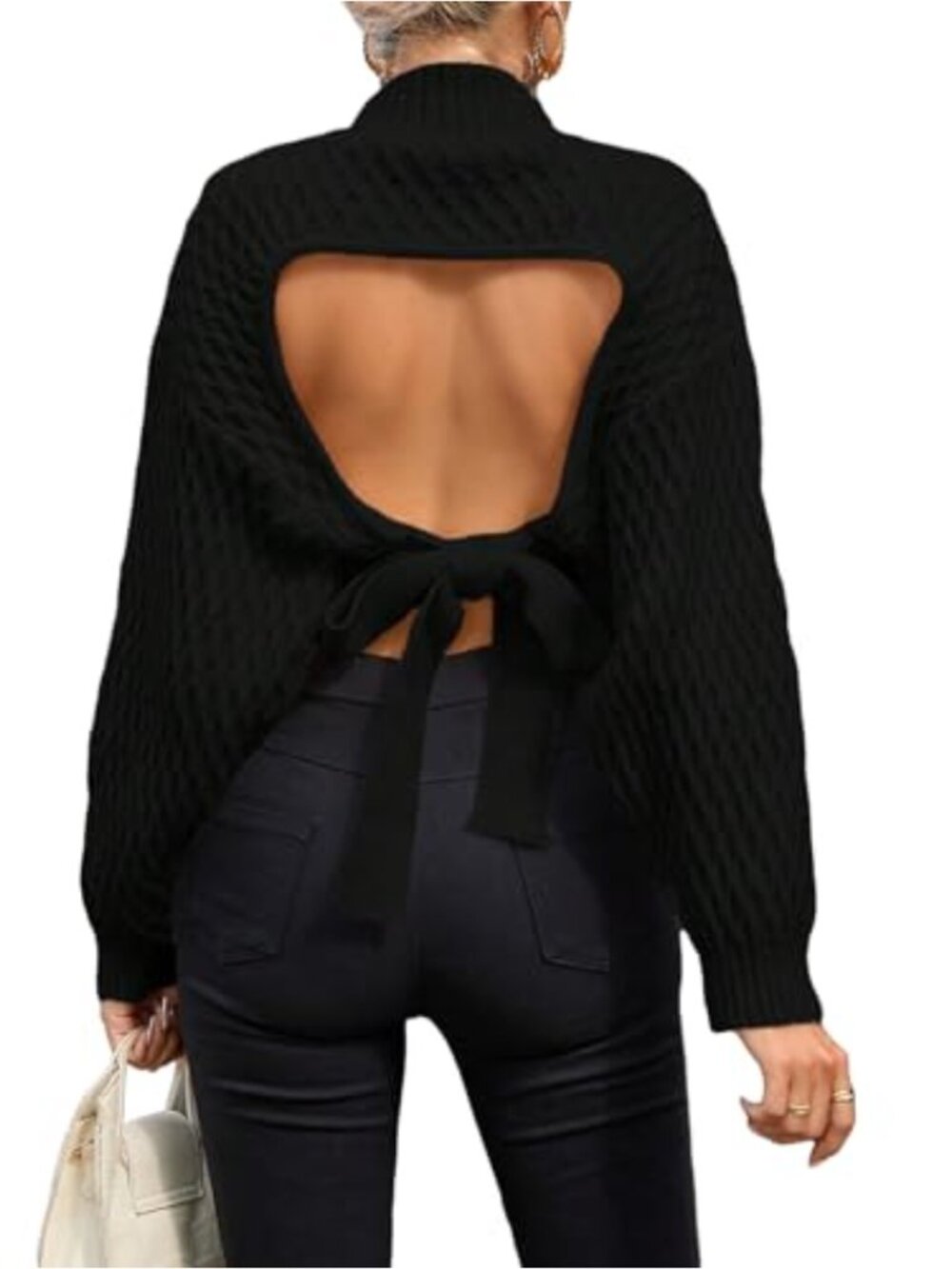 Open Tie Back Long Sleeve Sweater Top Mock Neck Backless Drop Shoulder Knit
